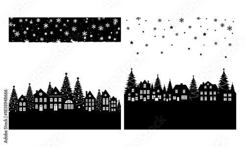 Christmas village border with snowy houses, trees, and falling stars and flakes