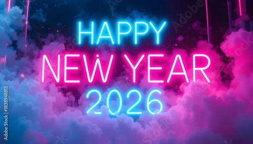 Glowing Neon Cyan and Magenta HAPPY NEW YEAR 2026 with Soft Neon Fog and Light Streaks
