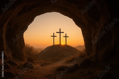 Three crosses on a hill at sunrise viewed from an empty tomb. Christian symbol of the crucifixion and resurrection. Easter and Good Friday religious background