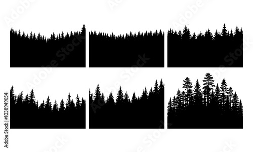 Set of six various detailed forest silhouette landscapes on white background