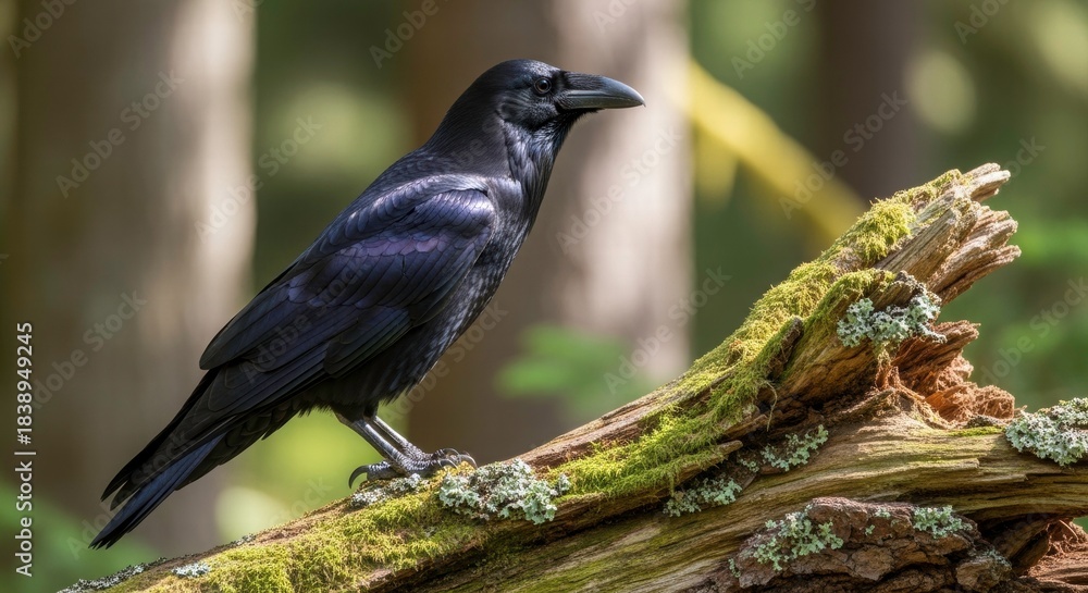 Obraz premium Raven on a Mossy Branch: A majestic raven perches gracefully on a moss-covered branch, its ebony plumage gleaming in the filtered sunlight of the forest.