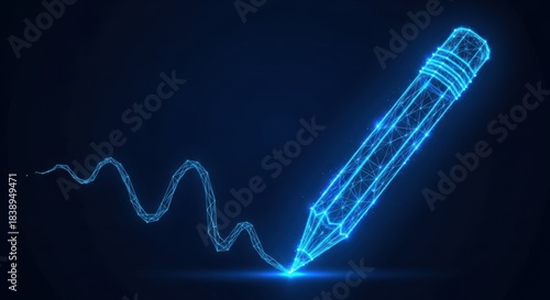 Glowing low poly pencil drawing a line digital wireframe concept