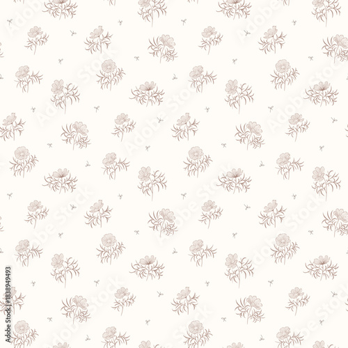 Flower pattern, floral seamless pattern, cottagecore ditsy tile print, daisy vintage flower on light background. Small meadow flower, light tone style design for fashion, texture, fabric, wallpaper