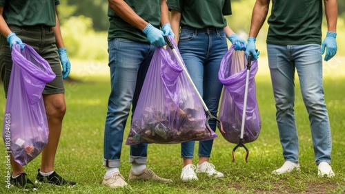 Four people picking up trash in a park with purple bags