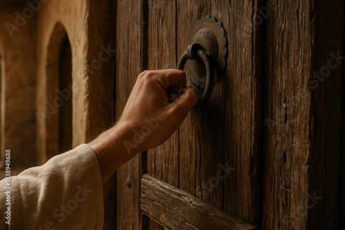 A man's hand knocking on an ancient wooden door. Close-up of a person using a rustic metal knocker in a historical setting. Biblical concept of faith and opportunity