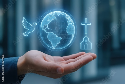 A hand holds glowing digital icons of a dove, globe, and church. Christian faith, global mission, and world peace concept