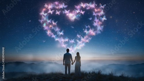 Romantic couple under a starry sky with butterflies and a heart shape, perfect for love and relationship themes.