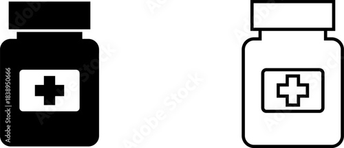 Icon and logo design showing two variations of a medicine bottle with a cross symbol, one in black and one in white outline