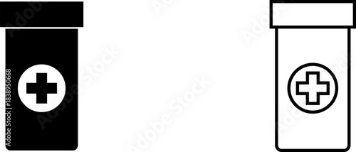 Simple logo design featuring two pill bottles with a cross symbol in black and white formats