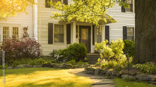 shrubbery. Charming suburban home with lush front garden bathed in warm afternoon sunlight. real-estate listings.