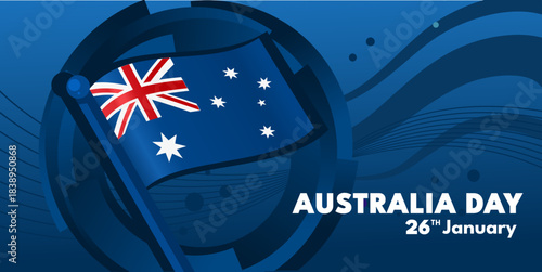 Happy australia day, banner with white map on abstract blue background, 26th january