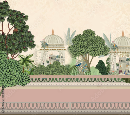 Mughal Indian Rajasthani artwork with peacock elephant camel and ornate pavilion in traditional miniature illustration wallpaper, Mughal garden forest wallpaper with palace, domes, peacock, palm trees
