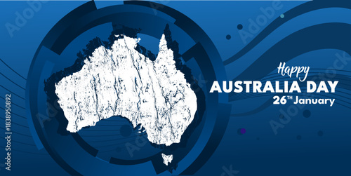 Happy australia day, banner with map on blue background, 26th january