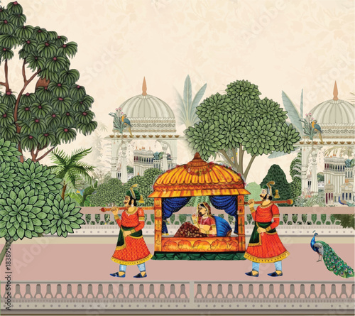 Mughal Indian Rajasthani artwork with peacock elephant camel and ornate pavilion in traditional miniature illustration wallpaper, Mughal garden forest wallpaper with palace, domes, peacock, palm trees