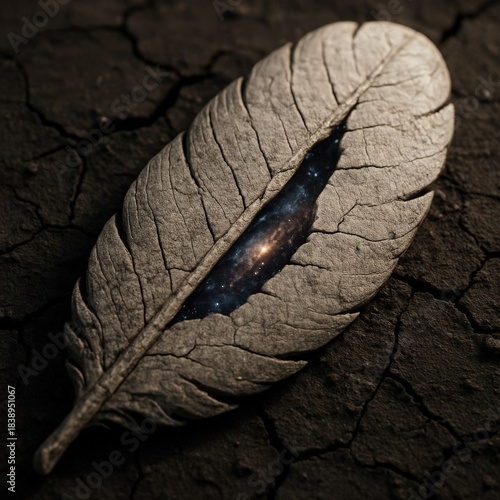 A surreal stone feather on cracked earth reveals a galaxy within. Conceptual image of the universe and space. Fantasy and spiritual discovery concept