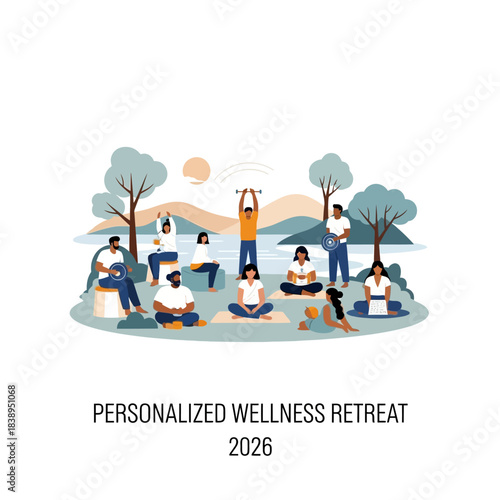 Personalized Wellness Retreat – Group Outdoor Yoga and Meditation Illustration