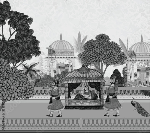 Mughal Indian Rajasthani artwork with peacock elephant camel and ornate pavilion in traditional miniature illustration wallpaper, Mughal garden forest wallpaper with palace, domes, peacock, palm trees