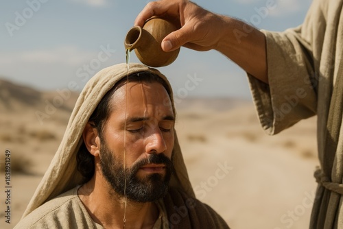 Anointing a man with holy oil in a religious ceremony. Biblical scene depicting a spiritual blessing in the desert. Faith and consecration concept