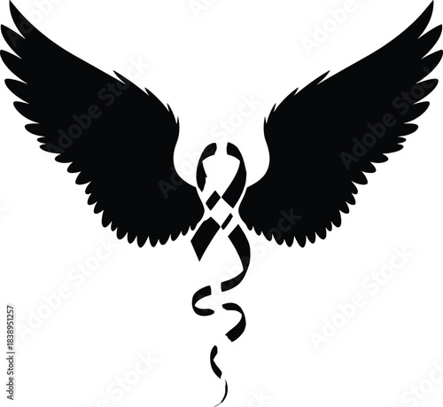 Symbol of a winged caduceus representing healing and protection in black silhouette