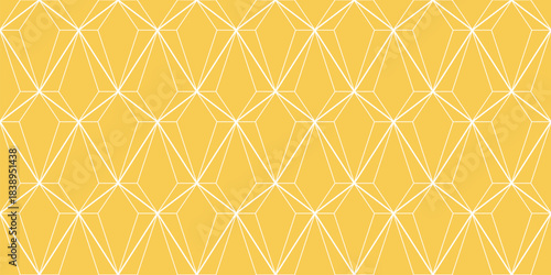 Abstract geometric seamless vector pattern. White linear wireframe on a vibrant mustard yellow background. Modern luxury wallpaper, fabric, or texture design.
