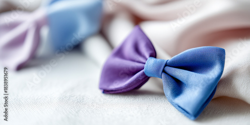 Two silk bow ties in blue and purple lie on a soft neutral fabric, highlighting texture and elegant accessory details.