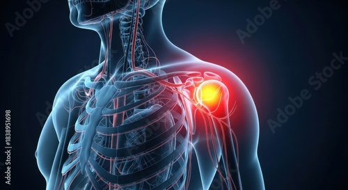 Human skeleton with highlighted shoulder joint and glowing red spot indicating pain or injury