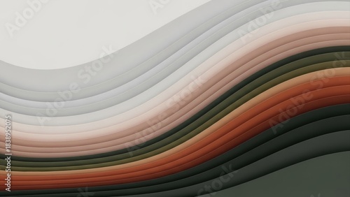 Modern abstract background with smooth wavy layers, featuring a gradient of earth tones, grayscale, and warm colors for design.