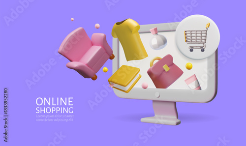 Online shopping banner with a computer monitor and products flying out of the screen.