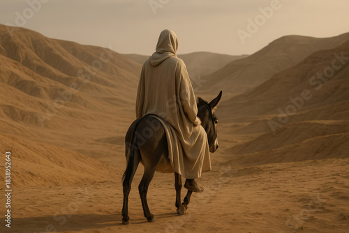 A person in a traditional robe rides a donkey on a journey through the desert. Historical biblical scene of a pilgrimage. Solitude and faith concept