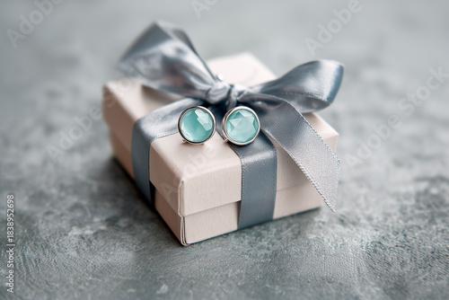 Small pale blue stud earrings rest on a silver-ribboned gift box on textured gray surface, conveying elegant, understated jewelry presentation.