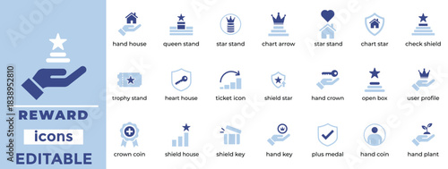 Reward and Achievement Icons Trophy, Badge, Ranking, Success, Award, Crown, Star Vector Set