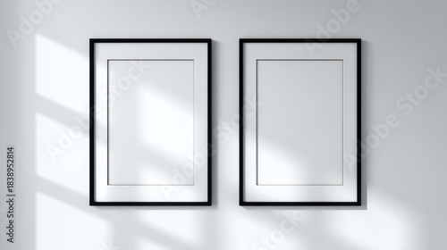 Two sleek vertical black frames with white matting on a bright wall capturing natural light patterns