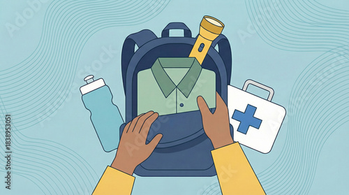Emergency go bag preparation illustration with backpack containing survival essentials including clothing flashlight water bottle and first aid kit for disaster readiness