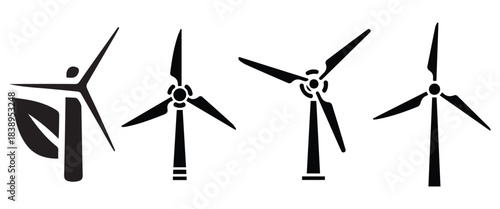 Minimal industrial icon set featuring wind turbine silhouettes, utility tools, plumbing elements and clean energy vector symbols