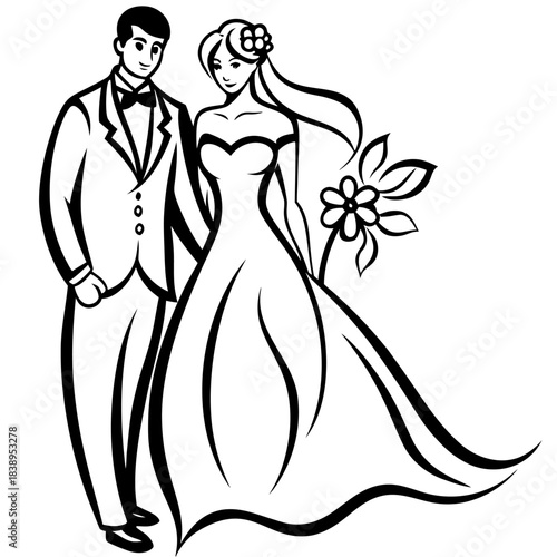 A Cartoon Wedding: Bride and Groom in Formal Attire.

