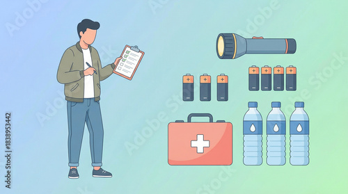 Emergency preparedness checklist illustration showing person with clipboard organizing disaster survival supplies including flashlight batteries water and first aid kit