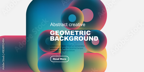 Abstract colorful shapes overlap, creating dynamic geometric background. Text promotes content with read more button. Modern design.