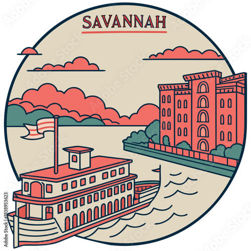 Savannah Riverboat and Historic Building – Circular Riverfront Poster