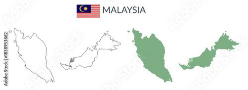 Malaysia geographical borders isolated on white background. Flag of Malaysia. Vector flat cliparts.