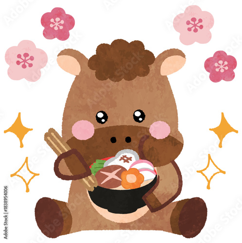 お正月に雑煮を食べる馬のアイコンイラスト年賀状素材　午年　new year