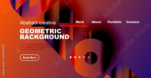 Abstract geometric design. Vibrant colors, shapes overlap. Website header with navigation options, text content visible.