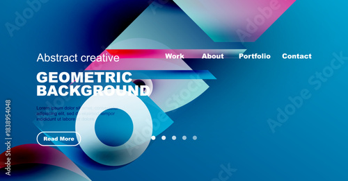 Abstract website header design. Geometric shapes, vibrant colors, text elements present. Modern style, clean layout, navigation visible.