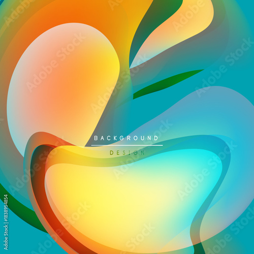Abstract colorful layers create flowing shapes. Warm, cool hues blend, forming dynamic visual texture. Background design element.