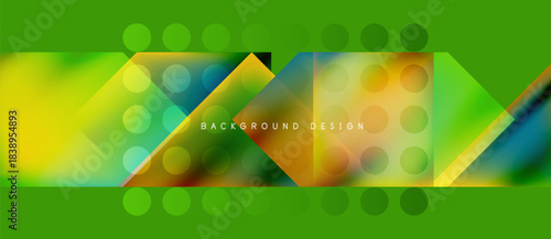 Abstract geometric shapes overlap vibrant green background. Gradient colors create dynamic visual effect. Modern design element.