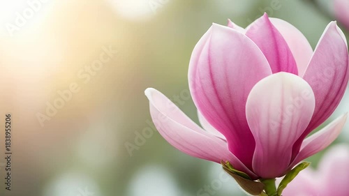 A breathtaking close-up shot captures the exquisite beauty of a delicate pink flower, gently unfolding its petals towards the soft, golden light. The vibrant pink hues stand out against a beautifully 