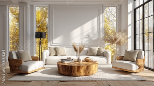 Wallpaper Mural Bright modern living room with large windows, white sofa, wooden coffee table, and autumn view. Torontodigital.ca