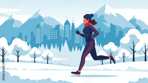 A woman running in winter with a snowy landscape, mountains, and city skyline in the background.