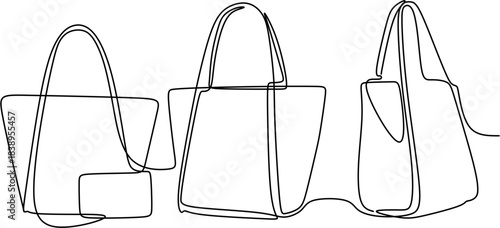 Continuous one-line drawing of a set of three different tote bags or shopping bags seen from various angles.