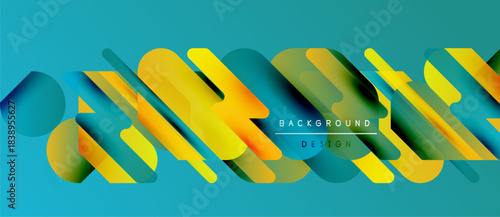 Abstract geometric shapes overlap, creating vibrant color gradients. Turquoise background complements yellow, orange, green elements. Modern design.