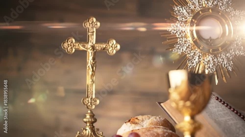 Eucharist and Sacrament: A Golden Chalice, Monstrance, Cross, Bible, Grapes, and Bread on a Rustic Wooden Background